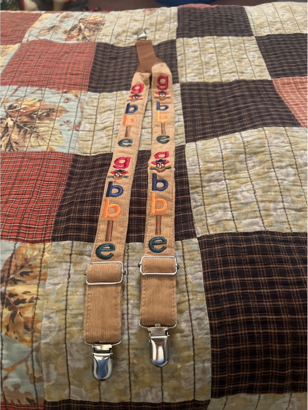 Vintage gbble Embroidered Tan Corduroy Suspenders with Clips